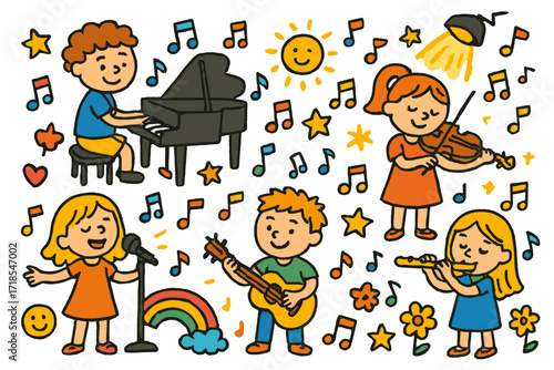 Musical Kids Doodle. Colorful Hand-drawn doodle Children illustration Solo Performance [piano, violin, microphone, guitar, flute, music note, star, rainbow,
