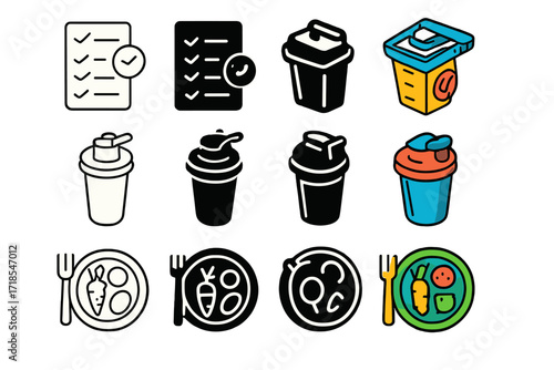 Nutrition Coaching Icons. Icon Set of Nutrition coaching: meal plan, protein shake, healthy plate. Icons set in vector style, emblematic variations. Meal plan
