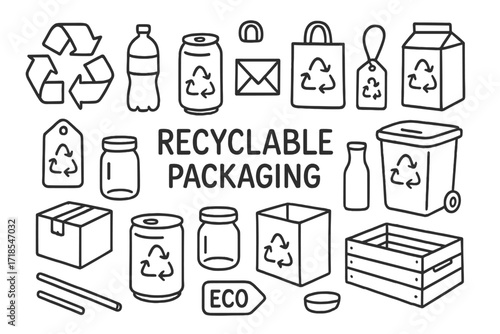 Recyclable Packaging Doodles. Recyclable packaging. Hand-drawn doodle illustration recyclable packaging recycling arrows, bottles, cans, boxes, paper bags,