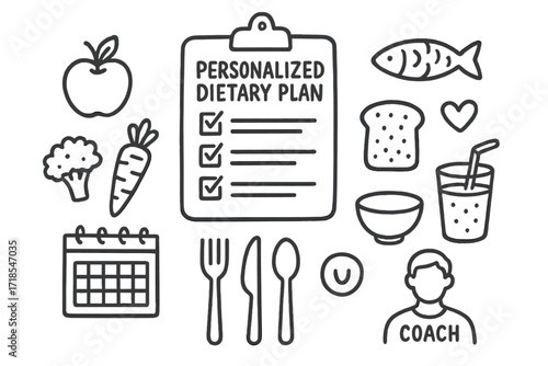 Dietary Plan Doodles. Hand-drawn doodle illustration Personalized dietary plan [clipboard, checklist, apple, carrot, broccoli, fish, bread slice, bowl,
