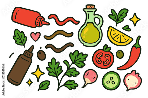 Colorful Sauce Doodles. Sauce drizzle. Colorful Hand-drawn doodle Children illustration ketchup bottle, olive oil, chocolate sauce, lemon wedge, chili pepper,