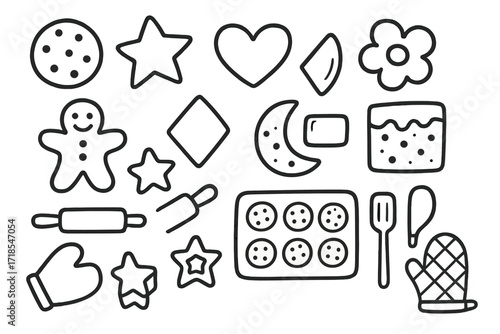 Cookie Doodle Icons. Hand-drawn doodle illustration Cookie shapes [round cookie, star cookie, heart cookie, flower cookie, gingerbread man, diamond cookie,