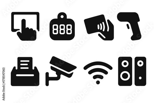 Counter Technology Icons. Solid, filled icon set of counter technology: touchscreen display, digital price tag, cashless payment, barcode scanner, receipt