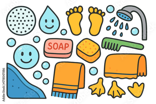 Playful Bath Time. Colorful Hand-drawn doodle Children illustration Non-slip bath mat dots, rubber surface, suction cups, smiling water droplet, footprints,
