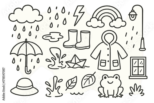 Rainy Day Doodles. Hand-drawn doodle illustration Rain Umbrella, raindrops, puddle, cloud, rain boots, raincoat, hat, water splash, lightning, rainbow,