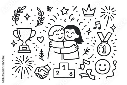 Victory Celebration Icons. Hand-drawn doodle illustration Celebration Hug [hug, trophy, medal, laurel wreath, star, sparkle, ribbon, crown, podium, confetti,