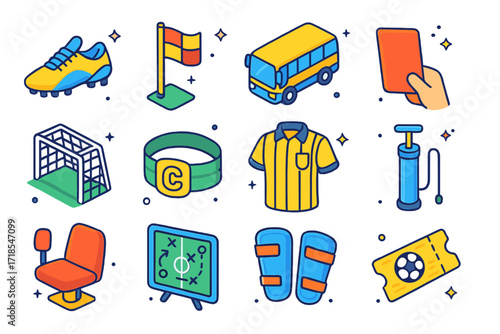 Soccer Match Essentials Icons. Colorful isometric vector icons set of soccer match essentials: soccer cleats, corner flag, team bus, red card, goal net,