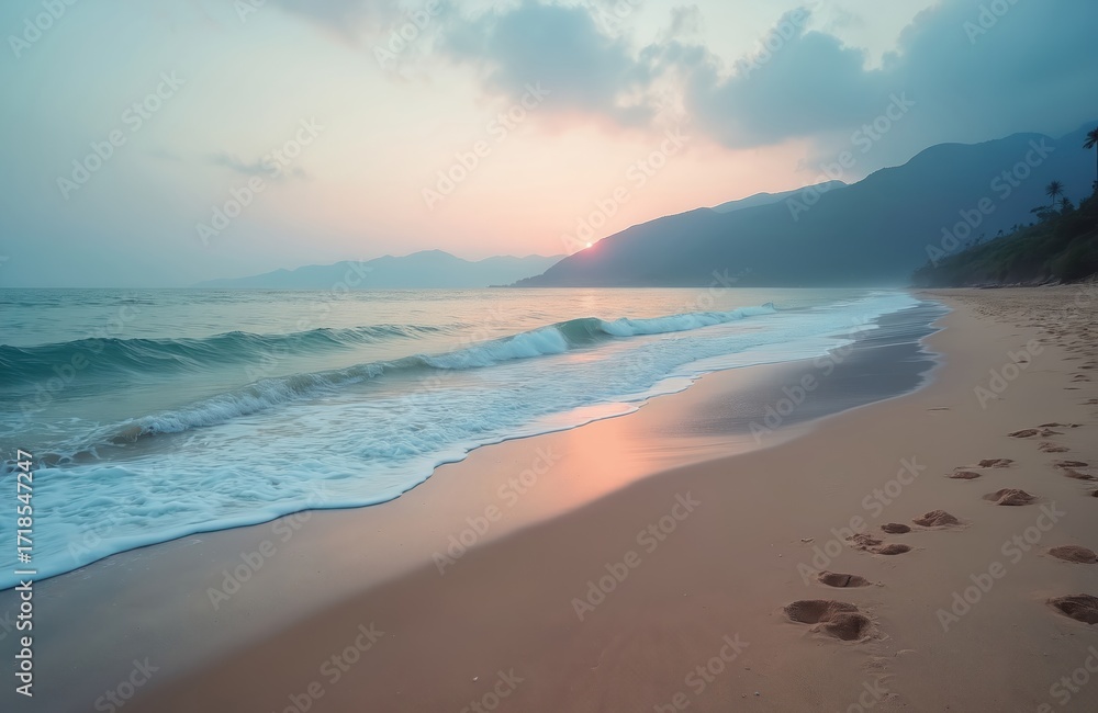 Obraz premium Gentle waves lap sandy beach at sunrise. Soft pink and grey clouds fill sky above distant mountains. Footprints mark smooth sand, suggesting peaceful morning stroll along serene coastline.