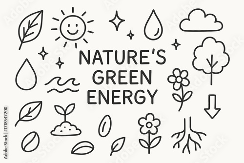 Nature's Green Icons. Hand-drawn doodle illustration Nature?s Green Energy [leaf, sun, sparkle, star, droplet, cloud, wave, tree, flower, sprout, soil, seed,
