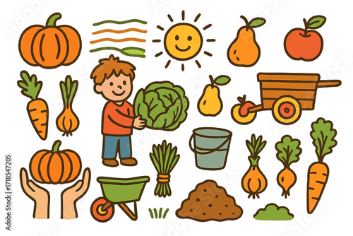Autumn Harvest Doodle. Colorful Hand-drawn doodle Children illustration Harvest season pumpkin, carrot, onion, cabbage, wheelbarrow, apple, pear, smiling sun,