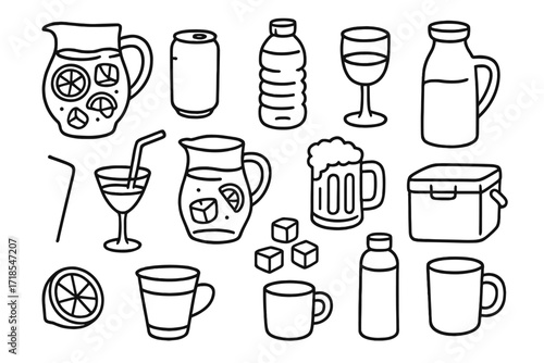 Summer Beverage Icons. Hand-drawn doodle illustration summer barbecue drinks lemonade pitcher, soda can, water bottle, wine glass, beer mug, straw, cocktail