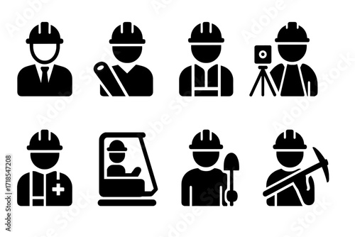 Construction Icon Set. Solid, filled icon set of construction personnel: engineer, architect, foreman, worker, surveyor, safety officer, crane operator,