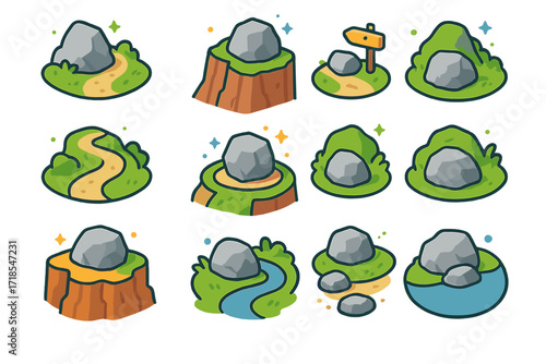 Isometric Boulder Icons. Colorful isometric vector icons set of Boulder in Landscapes: trail boulder, cliffside boulder, national park boulder, scenic overlook
