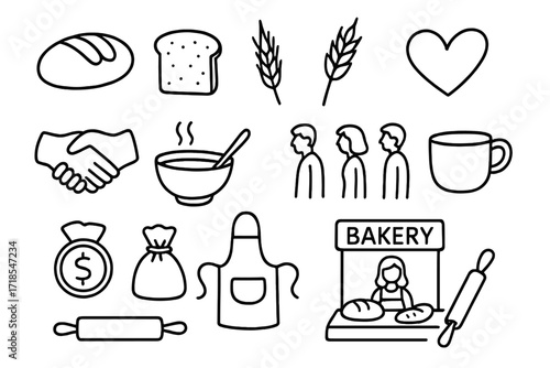 Bread and Hope Symbols. Hand-drawn doodle illustration Bread and hope symbolism [loaf of bread, slice of bread, basket, wheat stalk, heart, handshake, soup