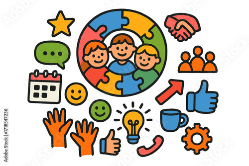 Collaborative Doodle Icons. Colorful Hand-drawn doodle Children illustration Team Collaboration team circle, puzzle pieces, star, chat icon, handshake,