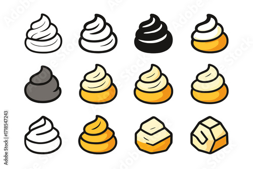 Cream Puff Logo Variations. Set Logo of Fatty Cream Topping: Cream puff filling. Logo set in vector style, emblematic variations. line, bold thick line, solid