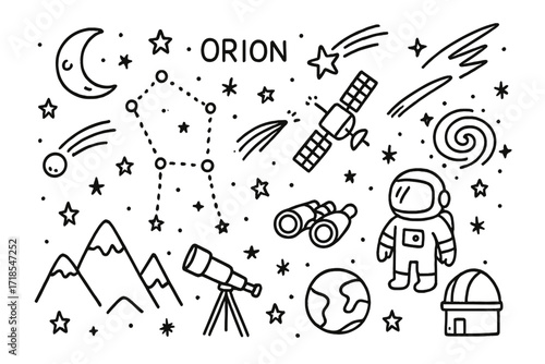 Orion Constellation Doodle. Hand-drawn doodle illustration Orion in the night sky stars, constellation pattern, crescent moon, mountain, telescope, comet,