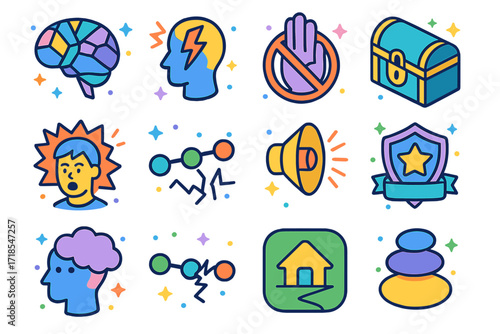 Trauma Icon Set. Colorful isometric vector icons set of Trauma and PTSD: shattered glass brain, memory flashback icon, avoidance symbol, locked chest, startled