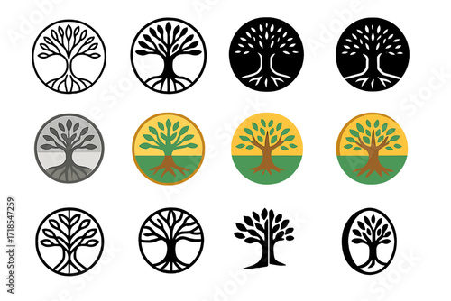 Sacred Tree Logos. Set Logo of religious myths and their cultural importance: sacred tree of life. Logo set in vector style, emblematic variations. line, bold