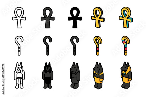 Sacred Burial Icons. Icon Set of Sacred burial: ankh symbol, ceremonial staff, sarcophagus guard statue. Icons set in vector style, emblematic variations. Ankh