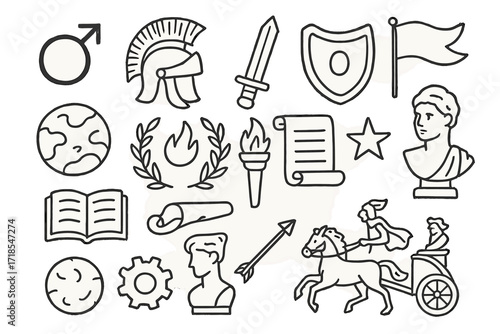 Mars Mythology Symbols. Hand-drawn doodle illustration Mars mythology [Mars symbol, Roman helmet, sword, shield, flag, laurel wreath, torch, star, planet,