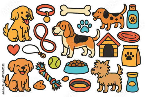 Colorful Dog Doodles. Dogs. Colorful Hand-drawn doodle Children illustration Dogs leash, collar, dog bone, tennis ball, paw print, kennel, chew toy, dog bowl,