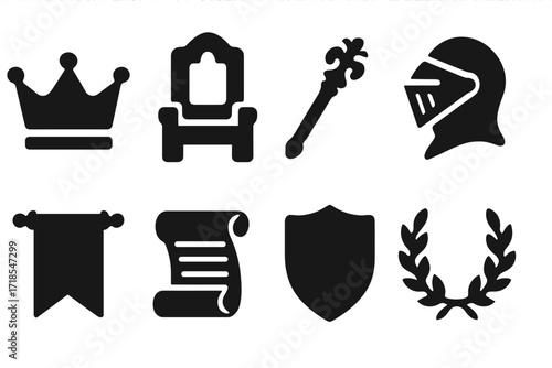 Royal Succession Icons. Solid, filled icon set of royal succession: crown, throne, scepter, knight?s helmet, banner, scroll, shield, laurel wreath. Solid,