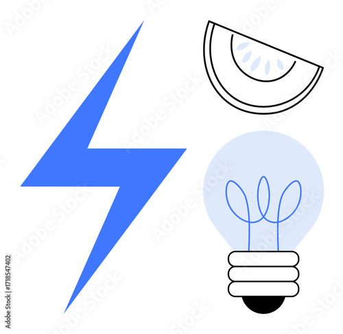 Bold blue lightning bolt, minimalist light bulb, and stylized citrus slice. Ideal for innovation, energy, creativity, eco-friendly designs, nature sustainability and efficiency. A simple flat