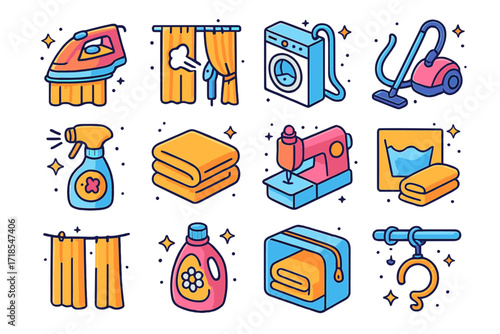 Curtain Care Icons. Colorful isometric vector icons set of curtain care and maintenance: ironing drapes, fabric steamer, curtain laundry icon, vacuuming
