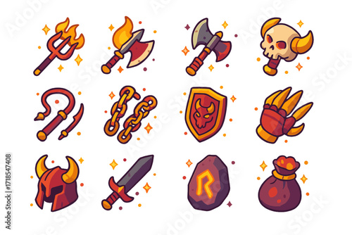 Demonic Arsenal Icons. Colorful isometric vector icons set of demonic weapons and tools: flaming pitchfork, inferno axe, cursed dagger, skull hammer, red whip,