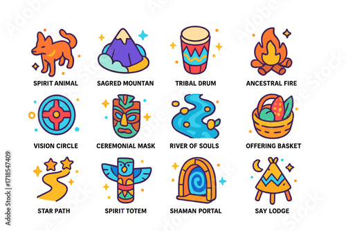 Indigenous Afterlife Icon Set. Colorful isometric vector icons set of indigenous beliefs of the afterlife: spirit animal, sacred mountain, tribal drum,