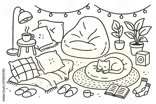 Cozy Living Space Essentials. Hand-drawn doodle illustration A set of oversized floor cushions for informal seating floor cushions, throw pillows, bean bag,