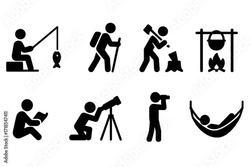 Log Cabin Icon Set. Solid, filled icon set of log cabin activities: fishing, hiking, chopping wood, campfire cooking, reading, stargazing, birdwatching,