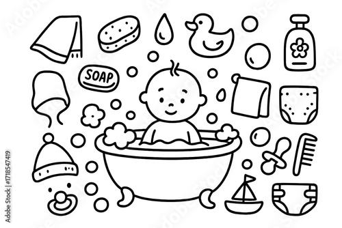 Baby Bath Doodles. Hand-drawn doodle illustration Baby Bathing [bathtub, rubber duck, soap, sponge, towel, water droplet, shampoo bottle, washcloth, bucket,