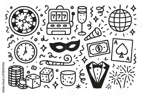 Casino Night Celebration. Hand-drawn doodle illustration Casino night party roulette wheel, slot machine, dice, poker chips, champagne glass, disco ball,