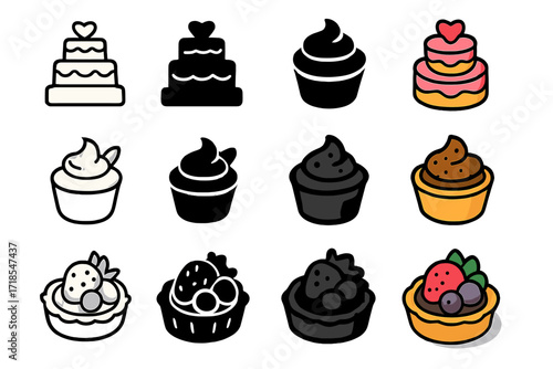 Dessert Icon Set. Icon Set of Grand Dessert Finale: Tiered cake, Chocolate mousse, Fruit tart. Icons set in vector style, emblematic variations. Tiered cake