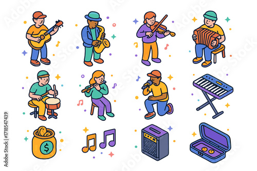 Street Musician Icons. Colorful isometric vector icons set of street musicians: guitar player, saxophone player, violinist, accordion player, drummer, flutist,