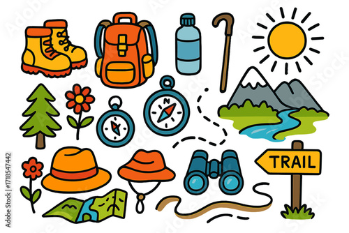 Hiking Adventure Doodles. Hiking. Colorful Hand-drawn doodle Children illustration boots, backpack, water bottle, walking stick, compass, sun, mountain, tree,