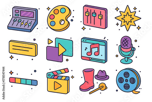 Post-Production Icon Set. Colorful isometric vector icons set of post-production process: editing console, color grading palette, sound mixer, visual effects
