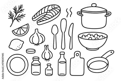 Culinary Doodle Illustration. Hand-drawn doodle illustration dill in cooking dill sprig, fish fillet, soup pot, salad bowl, spoon, fork, knife, lemon slice,