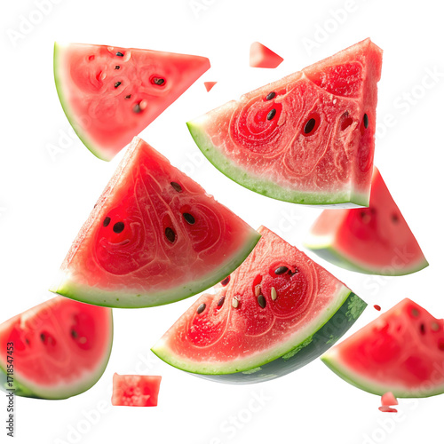 Slices of watermelon in mid-air, a vibrant display of summer fruit