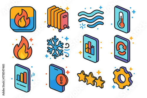 Colorful App Icon Set. Colorful isometric vector icons set of mobile heating and cooling apps: app icons collection, heater icon, air conditioning wave, auto