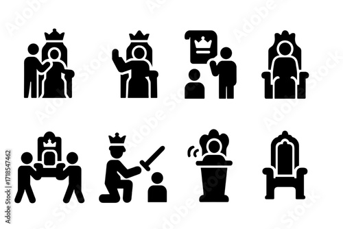Throne Ceremony Icons. Solid, filled icon set of throne-related ceremonies: coronation, oath-taking, royal decree, court meeting, royal procession, knighting,