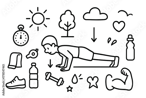 Outdoor Workout Doodle. Hand-drawn doodle illustration Outdoor push-up workout person push-up on ground, sun, tree, cloud, stopwatch, arrows for alignment,
