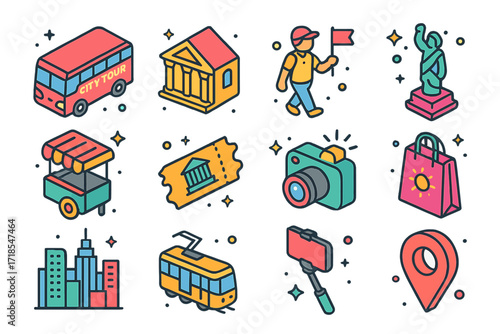City Tour Icons. Colorful isometric vector icons set of City tour excursion: sightseeing bus, historic building, walking guide, monument, street food cart,