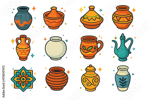 Colorful Pottery Icons. Colorful isometric vector icons set of traditional pottery styles: raku-fired vase, Japanese tea bowl, Moroccan tagine, Native American