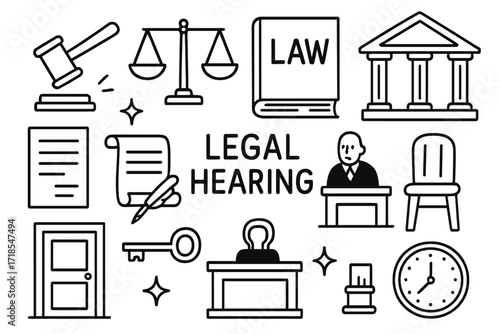 Legal Icons Doodle. Hand-drawn doodle illustration Legal hearing room [gavel, scales of justice, law book, courthouse, columns, judge?s bench, empty chair,