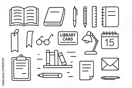 School Library Essentials. Hand-drawn doodle illustration School library essentials open book, closed book, library card, pen, pencil, ruler, notebook,