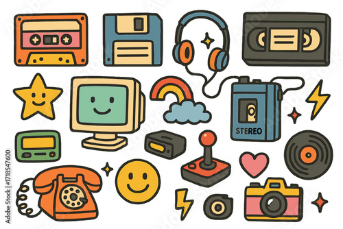 Retro Tech Doodles. Colorful Hand-drawn doodle Children illustration Retro Tech Treasures [cassette tape, floppy disk, VHS tape, CRT monitor,