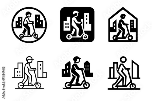 Electric Scooter Logos. Using an electric scooter to commute in the city. Set Logo of Using an electric scooter to commute in the city: scooter passing